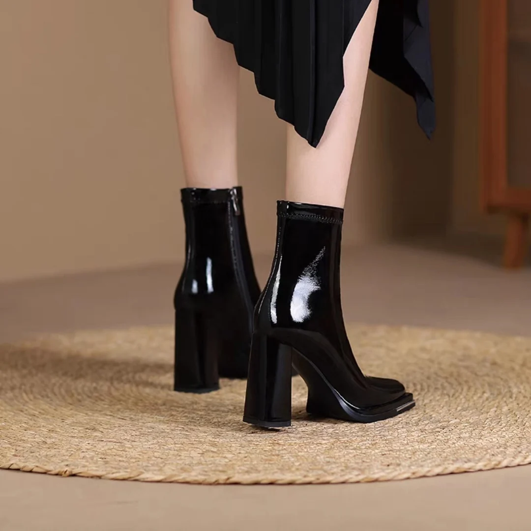 أحذية نسائية فاخرة على الموضة مربعة من الجلد اللامع أحذية قصيرة للربيع والخريف بتصميم سحاب من جلد الغزال بكعب عالي أحذية عصرية #5