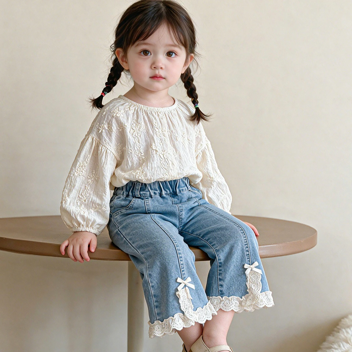 Girls Shirt 2026 Spring and Autumn New Children's Clothing Korean Style Girl Baby Sweet Foreign Flavor Lace Jean Bell Bottoms