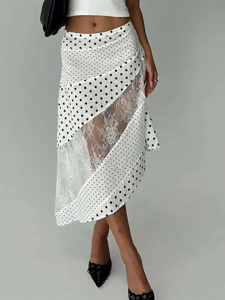 

Patchwork Print Polka Dot See Through Lace Women Skirt White High Waist Long Skirt Female Summer Slim Casual Streetwear