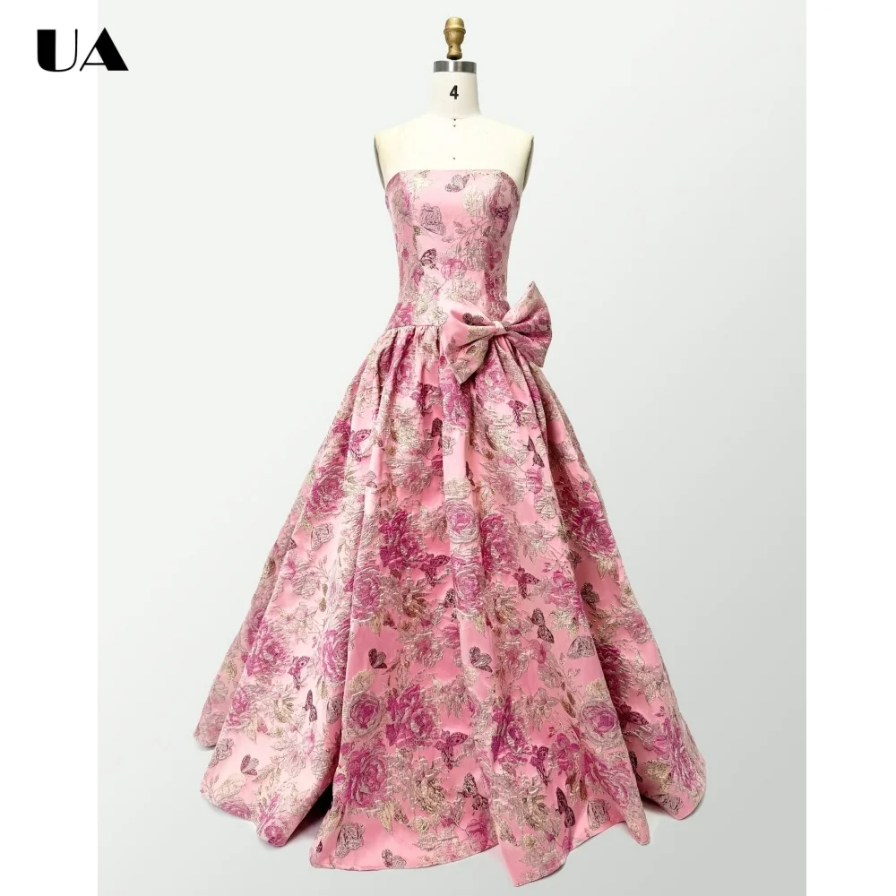

ULBYANRY Customized Printed A-line Bow Evening Dress for Woman Elegant Strapless Party Dress, Vintage Sleeveless Ball Gown