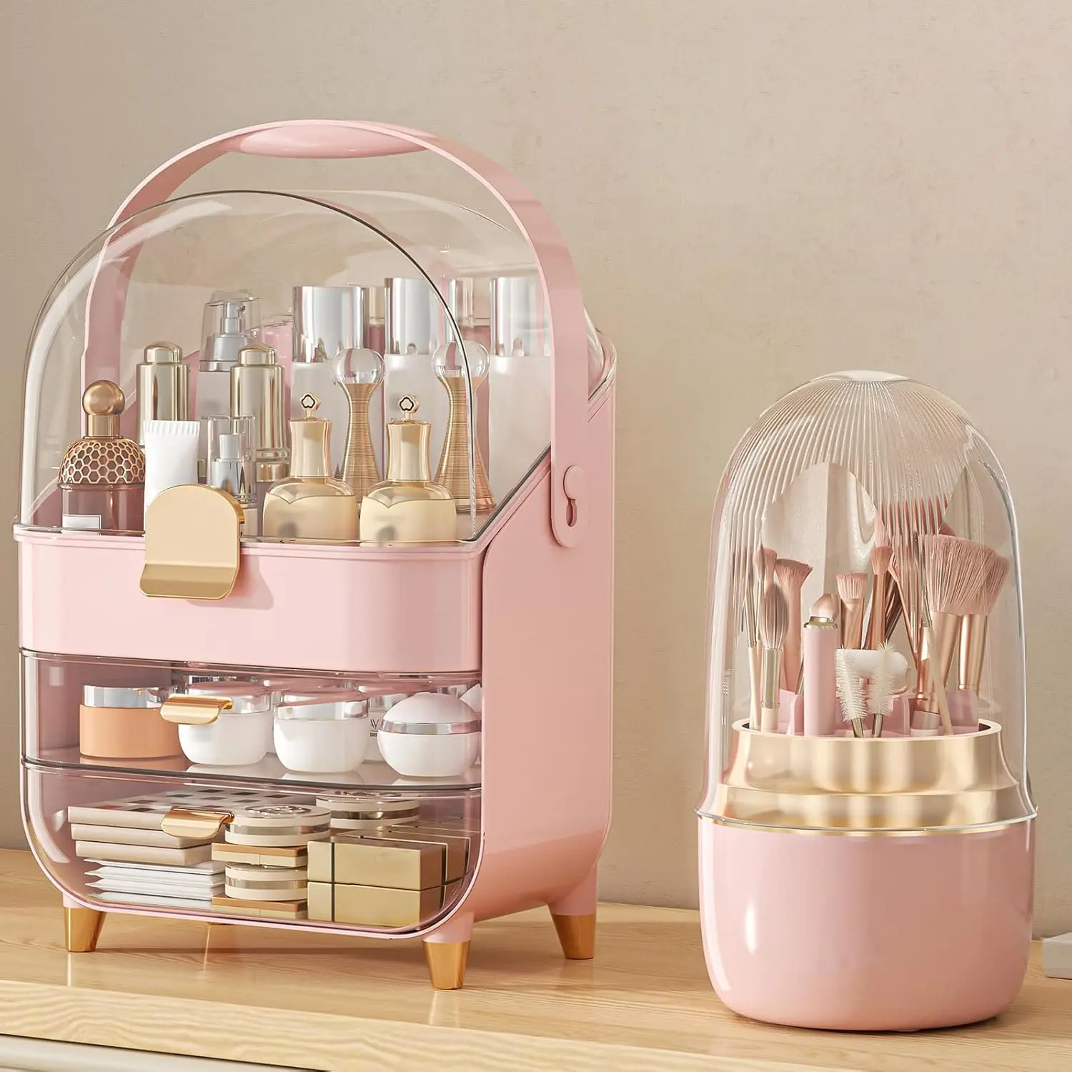 

Pink Makeup Organizer with 3 Tiers, Transparent Design for Skincare and Cosmetics Storage