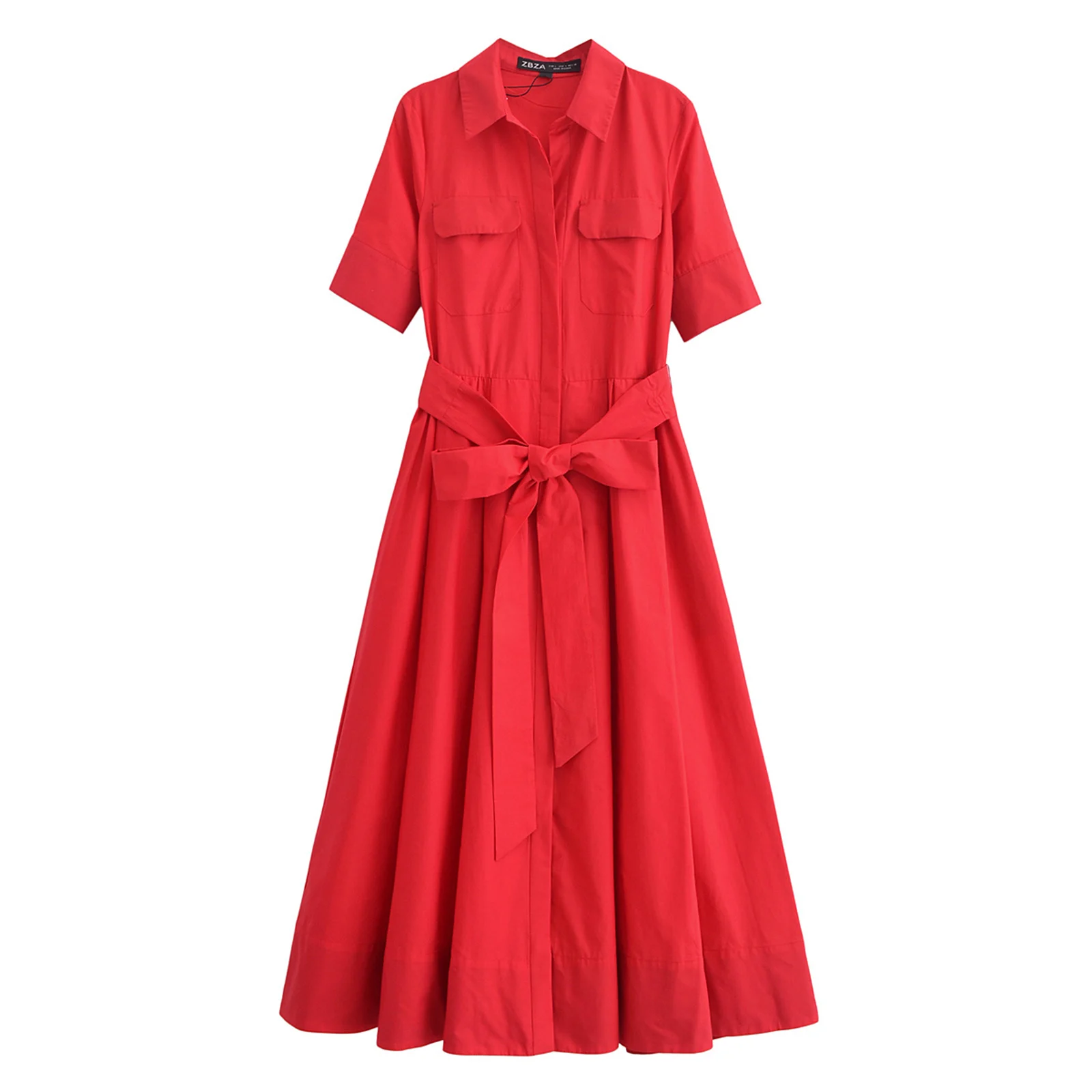 HH Vrouwen Zomer Revers Korte Mouw Pocket Single-Breasted Riem Versieren Midi Jurk Vrouwelijke Mode Shirt Stijl Geplooide Jurk