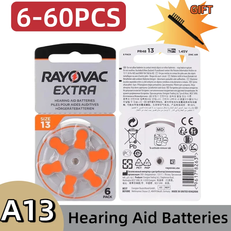 

60PCS Hearing Aid Batteries Rayovac Extra Battery A13 Size 13 Zinc Air Battery For Digital Hearing Aid