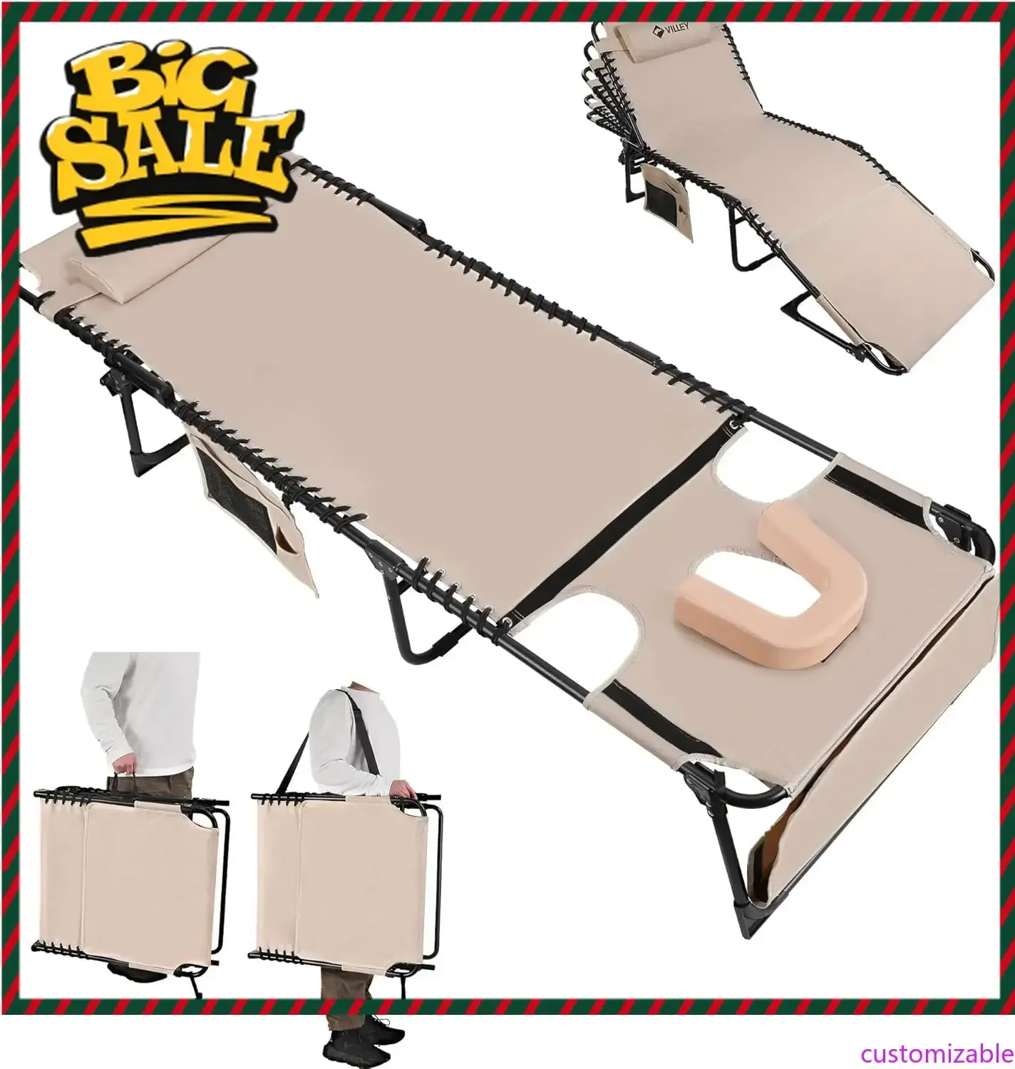

Hot salesOversized Chaise Lounge Chair with Face Hole, Portable Tanning Chair, Adjustable Reclining Beach Chair