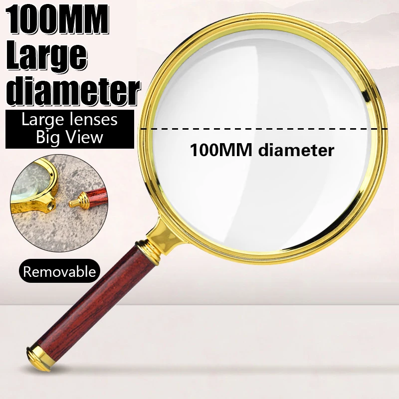 

10X Handheld Magnifying Glass Antique Mahogany Handle Magnifier 60mm-100mm Lens For Science Seniors Reading Inspection