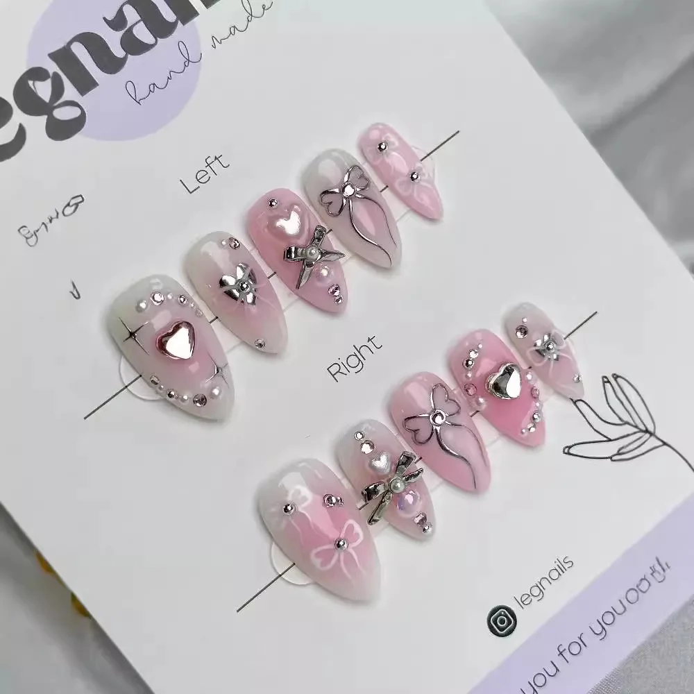 

24Pcs Mid-length Almond False Nails Press on Pink Smudge Reusable Fake Nails 3D Bow Love Heart Rhinestone Full Cover Nails Tips
