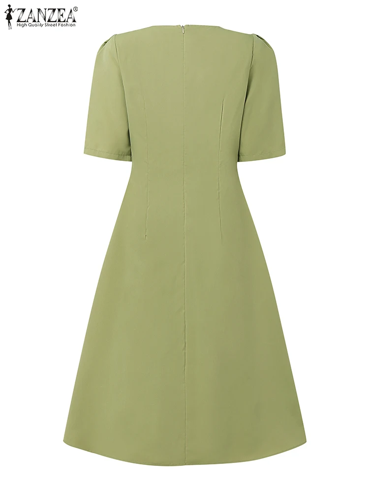 ZANZEA Women Elegant Fabric Flower Midi Dresses Fashion O-Neck Half Sleeve Fitted Waist A-Line Robes Femme Office Lady Vestidos