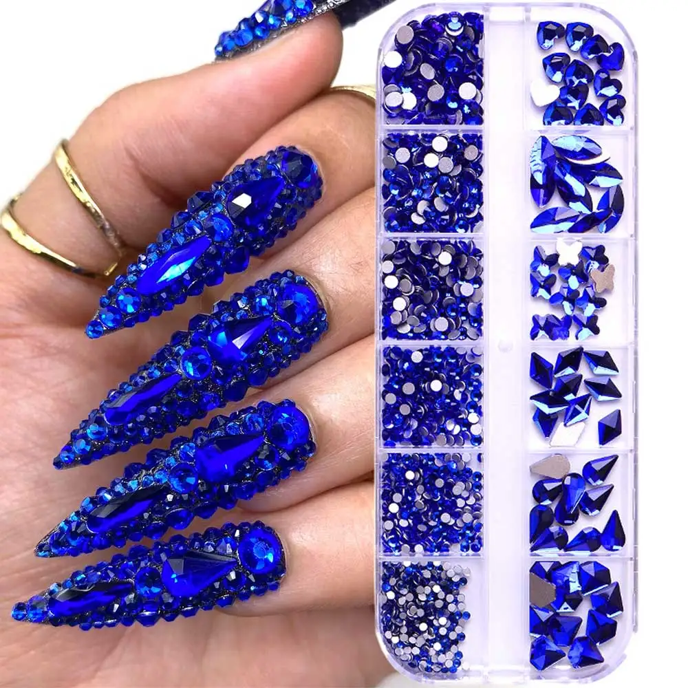 1200PC+ Sapphire Blue Nail Art Rhinestones 12grid Multi Shapes Crystal Gems Nail Charms Flatback Round Beads Glass Diamond Stone