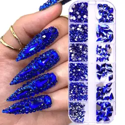 1200PC+ Sapphire Blue Nail Art Rhinestones 12grid Multi Shapes Crystal Gems Nail Charms Flatback Round Beads Glass Diamond Stone