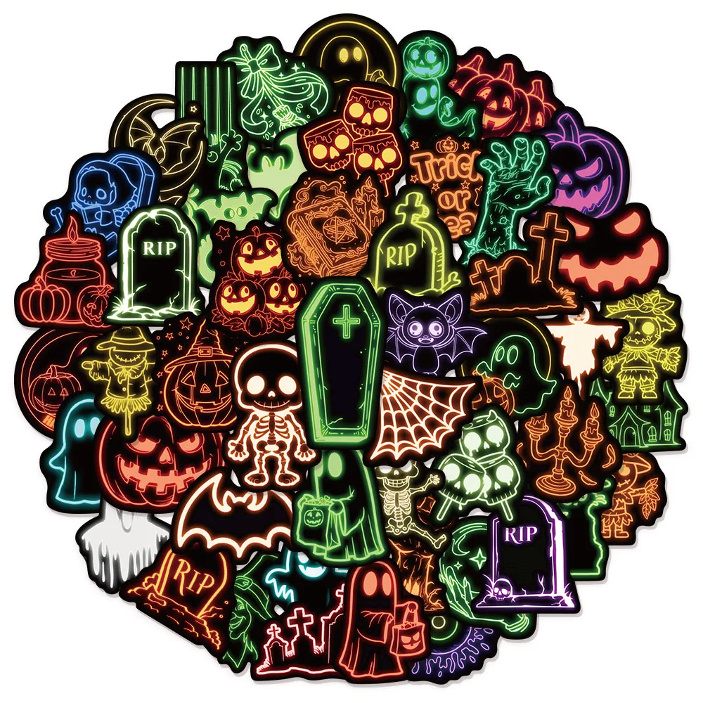 

50 шт., креативные неоновые огни, 2 украшения на Хэллоуин, наклейки в стиле граффити, посылка, скейтборд, бутылка воды, компьютерные наклейки для планшета