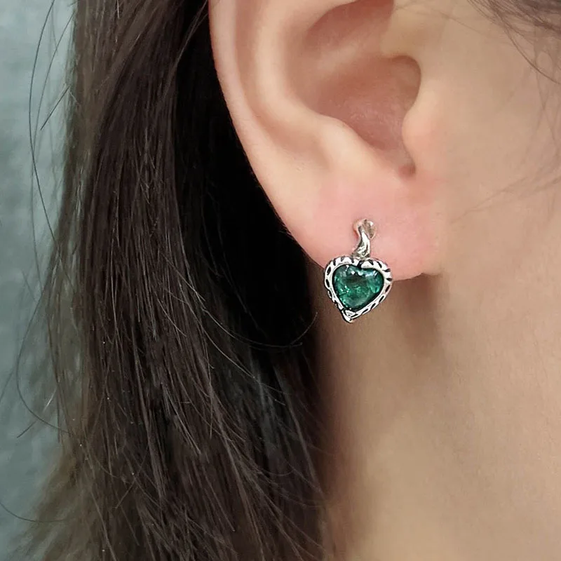 KOFSAC 2022 New Vintage Crystal Dark Green Blue Heart Earrings for Women Anniversary Gift 925 Silver Spiral Stud Jewelry