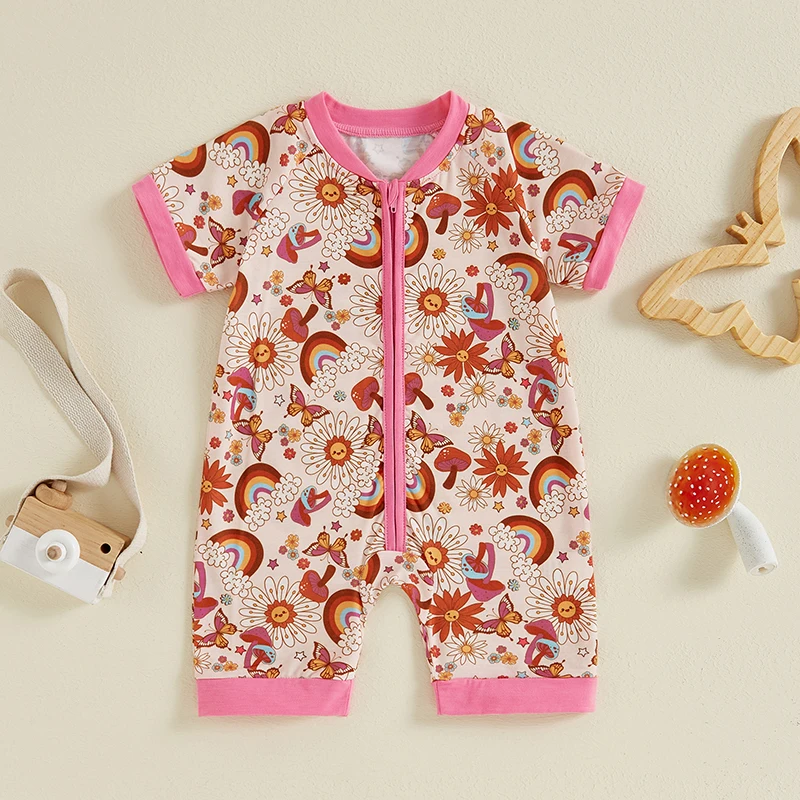 

Baby Boys Girls Romper Casual Short Sleeve Round Neck Floral/Bus Print Jumpsuit Newborn Clothes