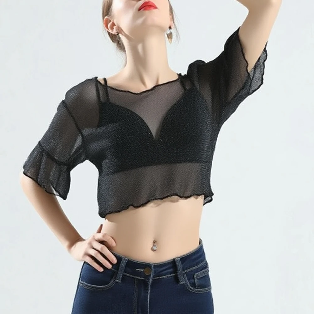 

Sexy See Through Mesh Shiny Bling Bling T Shirt Women Y2K Lace Black Grey Club Party Flare Sleeve Mini Tee Shirts Thin Crops Top