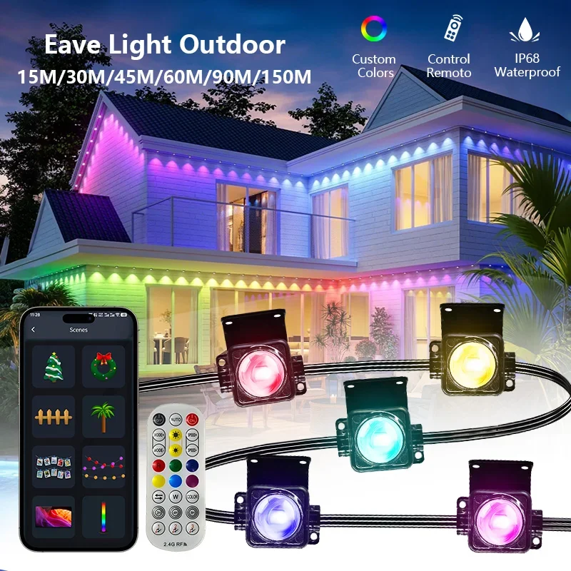 Slimme RGBIC dakrandverlichting Permanente buitenverlichting Outdoor Kerst LED-lichtsnaren met APP-afstandsbediening IP67 Waterdicht