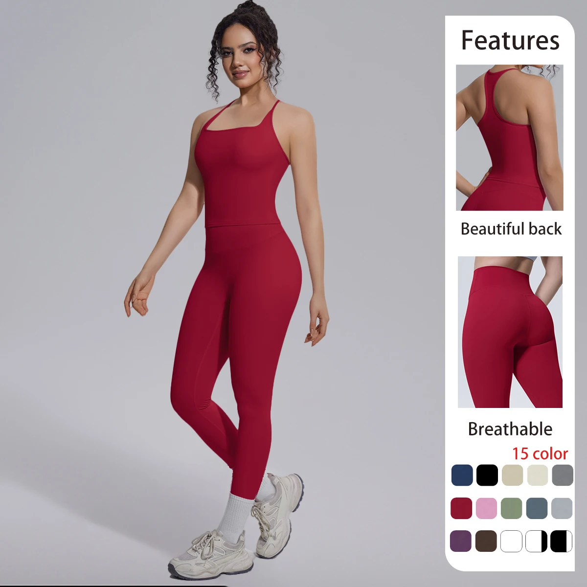 2PCS Yoga Set for Woman's Summer Breathable Sexy I-shaped Vest Shockproof Workout Top Solid Color Push Up Gym Female Pants Set ﻿