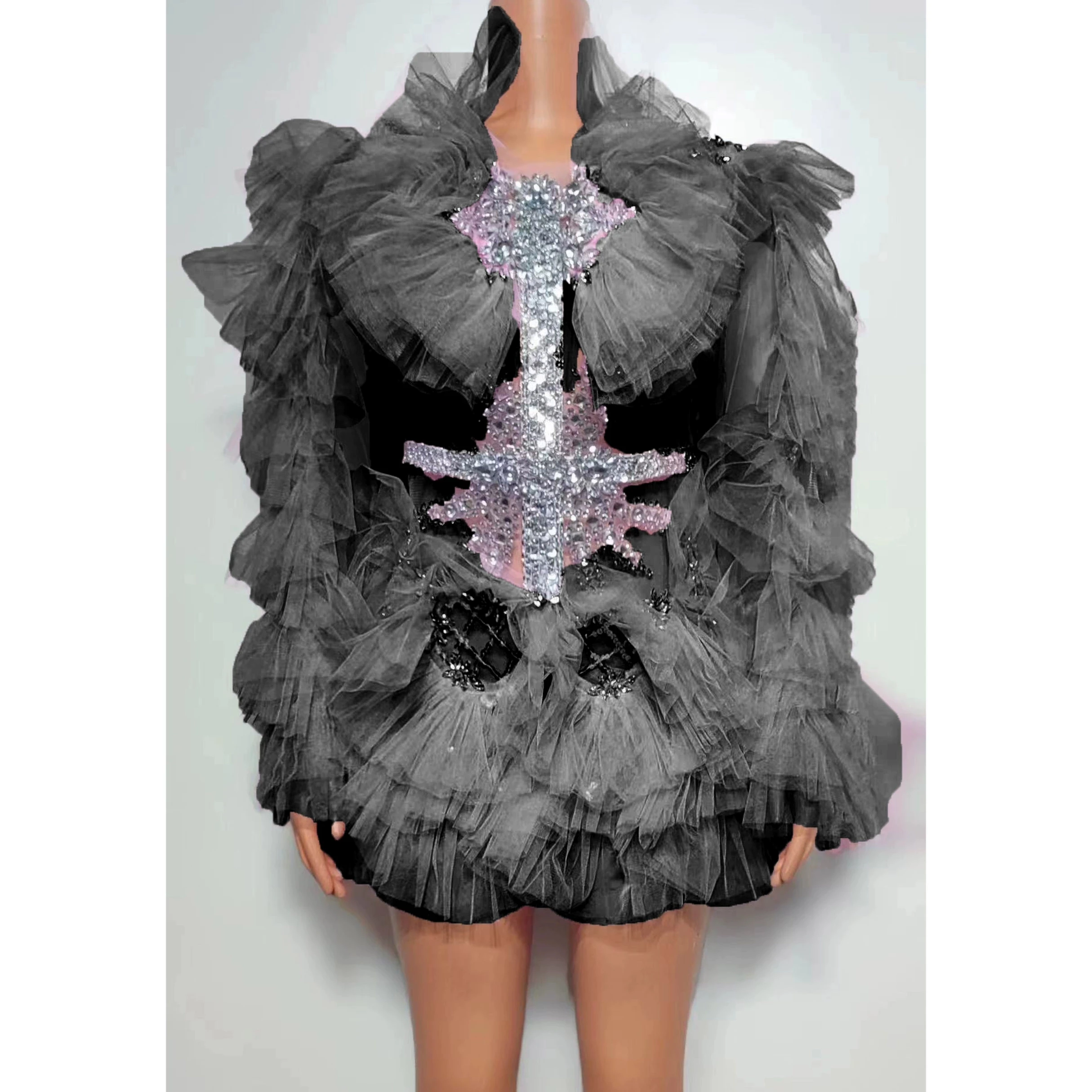 PerconsiderMesh-Jupe Courte Sexy avec Diamant pour Femme, Tenue de Chanteuse, Discothèque, Bar, Équipe de brev, Soirée DJ, Spectacle à Thème