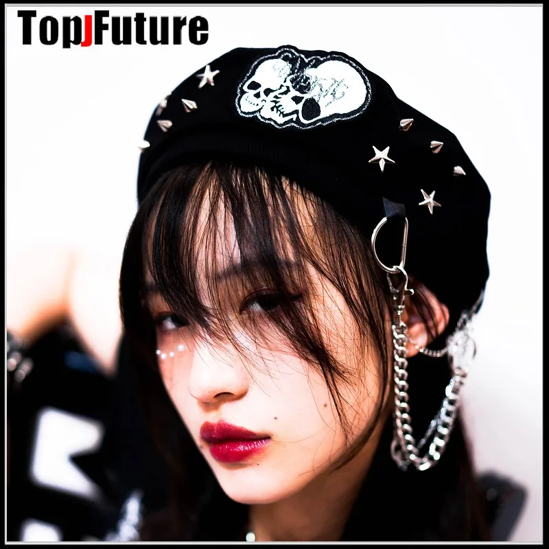 Harajuku Gothic Lolita Cosplay Rock Beret hat Cap Autumn Winter Y2K Girl Women\'s Punk Metallic Handmade skull decorative hats