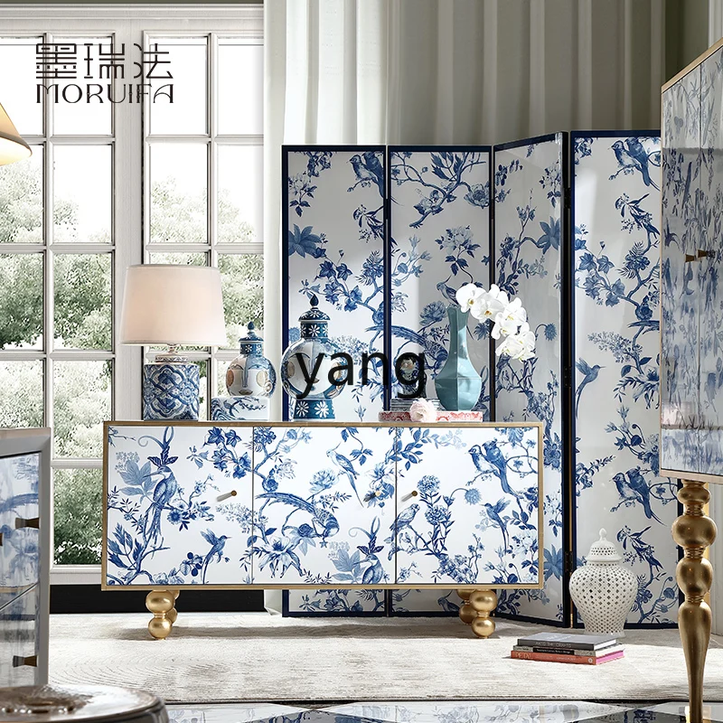 LTT， Chinese style dining side cabinet Chinese blue and white porcelain screen decoration solid wood storage medieval cabinet