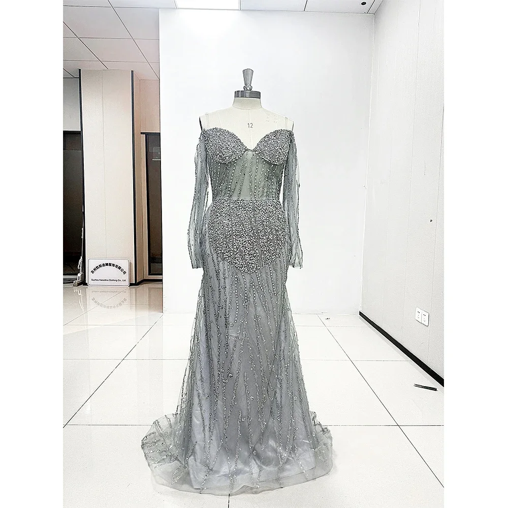 Lovertjes Kralen Grey Zeemeermin Sweep Trein Strapless Luxe Prom Dress Voor Speciale Evenementen Elegante Vrouwen Chique Avondjurken