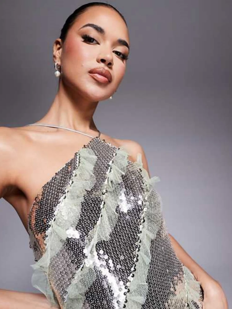 Sexy halter hals backless mesh ruches patchwork lange jurk dames zilveren pailletten mouwloze vetersluiting slanke jurken avondfeest