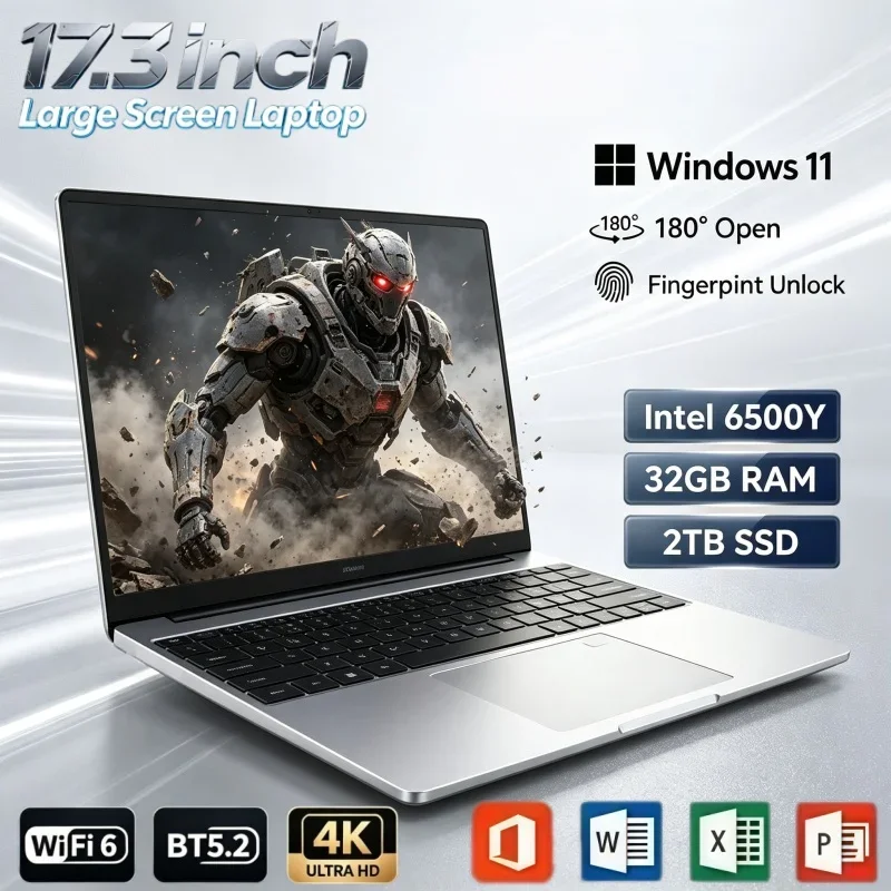 17.3 Inch Portable Laptop Intel 6500Y 32GB RAM 2TB SSD Windows11 Fingerprint Unlock Notebook For Video Watching & Study