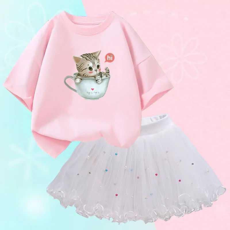 Baby Girls Tutu Outfits Cute Pet Cat Print T-shirt and Fluffy Tulle skirt Set for Princess Children Party Birthday Clothing