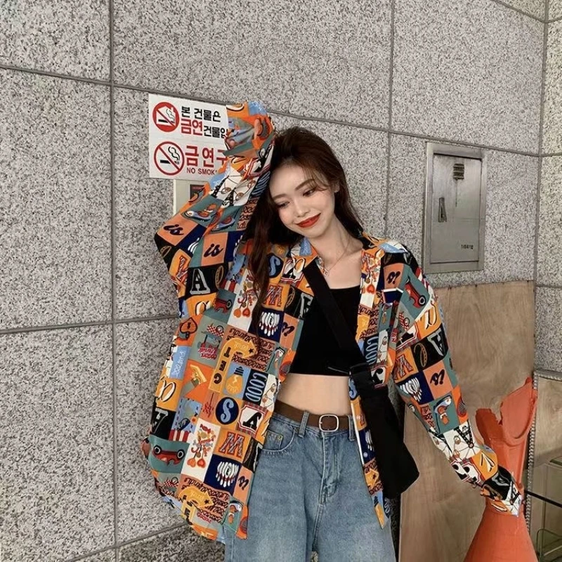 

Printed Thin Shirts for Women Loose Hip-hop Street Wear Female Outwears Beach Hawaii Fashion Leisure Teens Spring New 2024