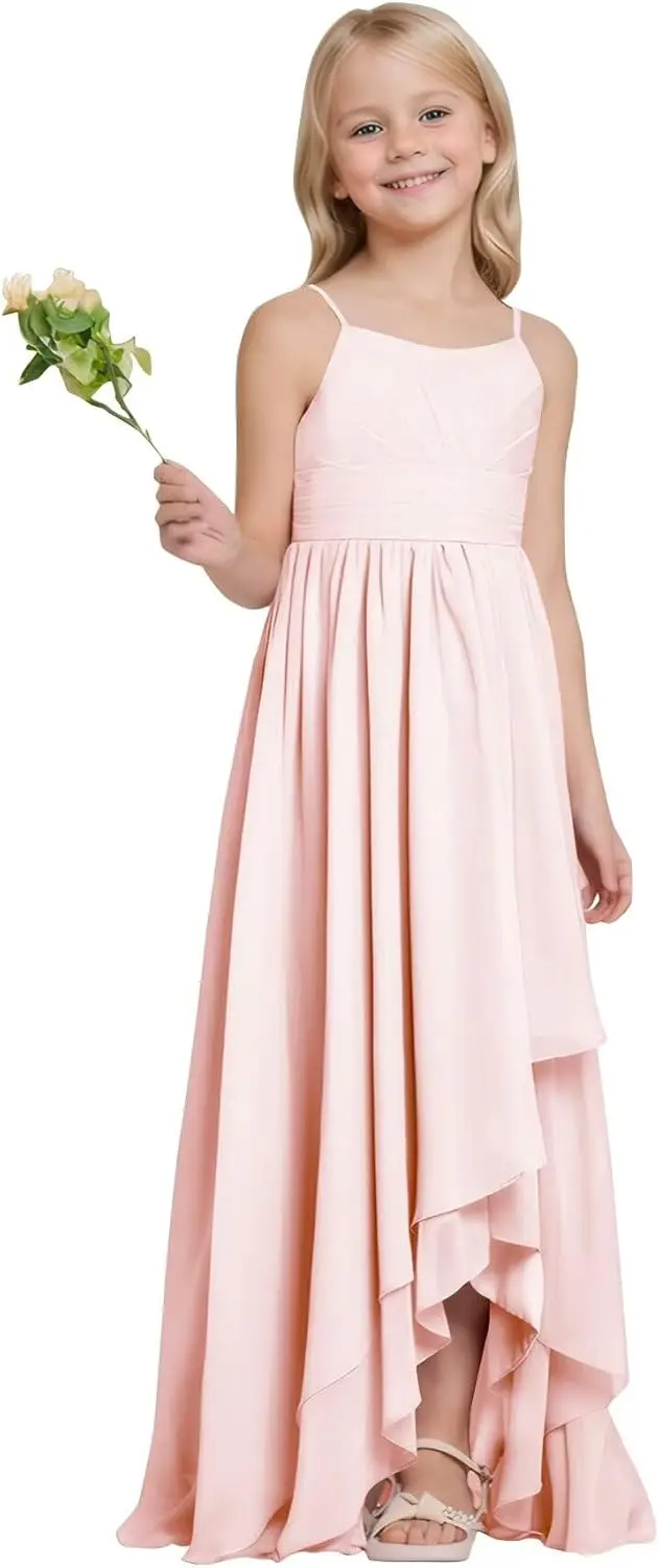 Een lijn junior bruidsmeisjekleding hoog laag chiffon geplooide bloemenmeisjesjurk spaghettibandjes bruiloft optocht jurk