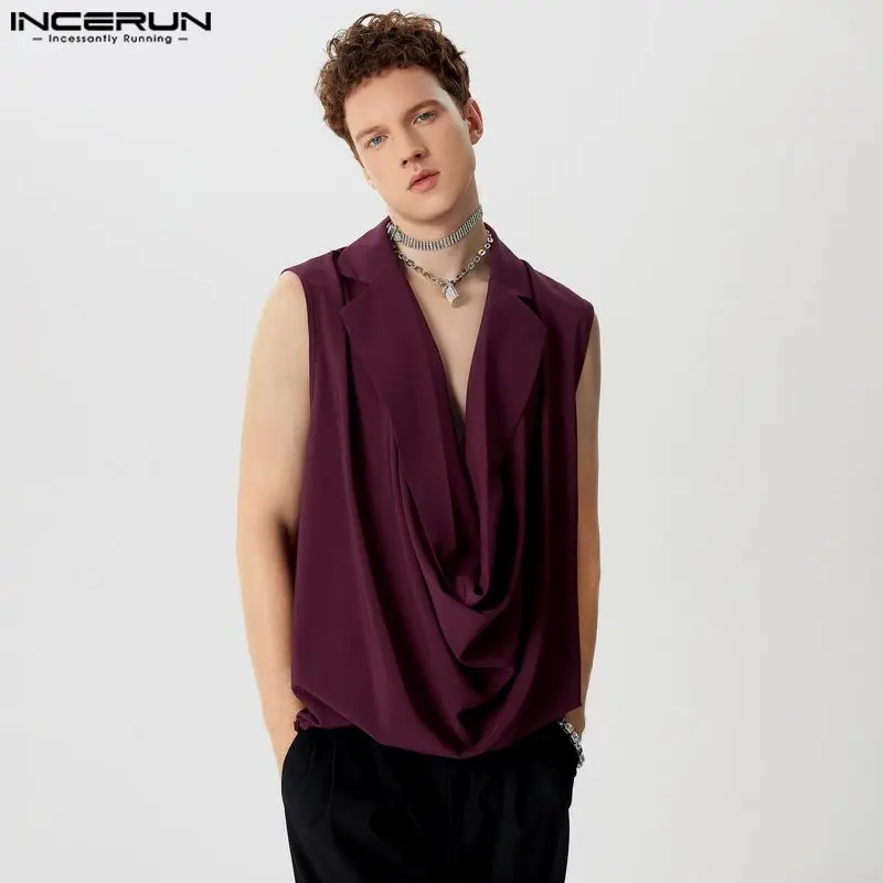 INCERUN Tops 2024 American Style Fashion New Men's Swing Collar Design Vests Male Casual Simple Solid Sleeveless Tank Tops S-5XL