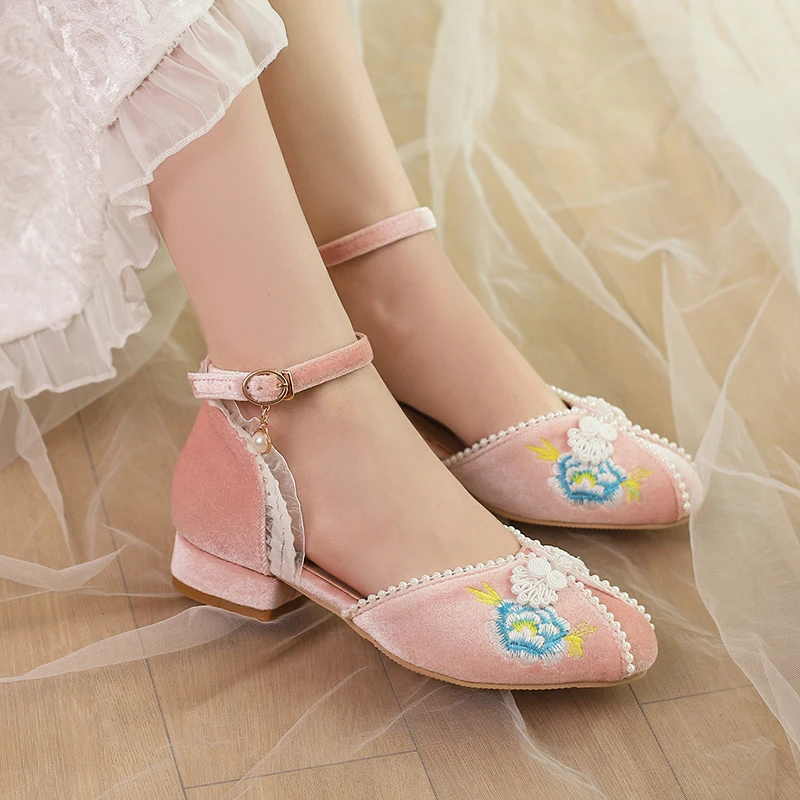 Summer Chinese Hanfu Qipao Horse Face Skirt Shoes for Women Bride Wedding Party Velvet Embroidery Hollow Lolita Sandals Dropship