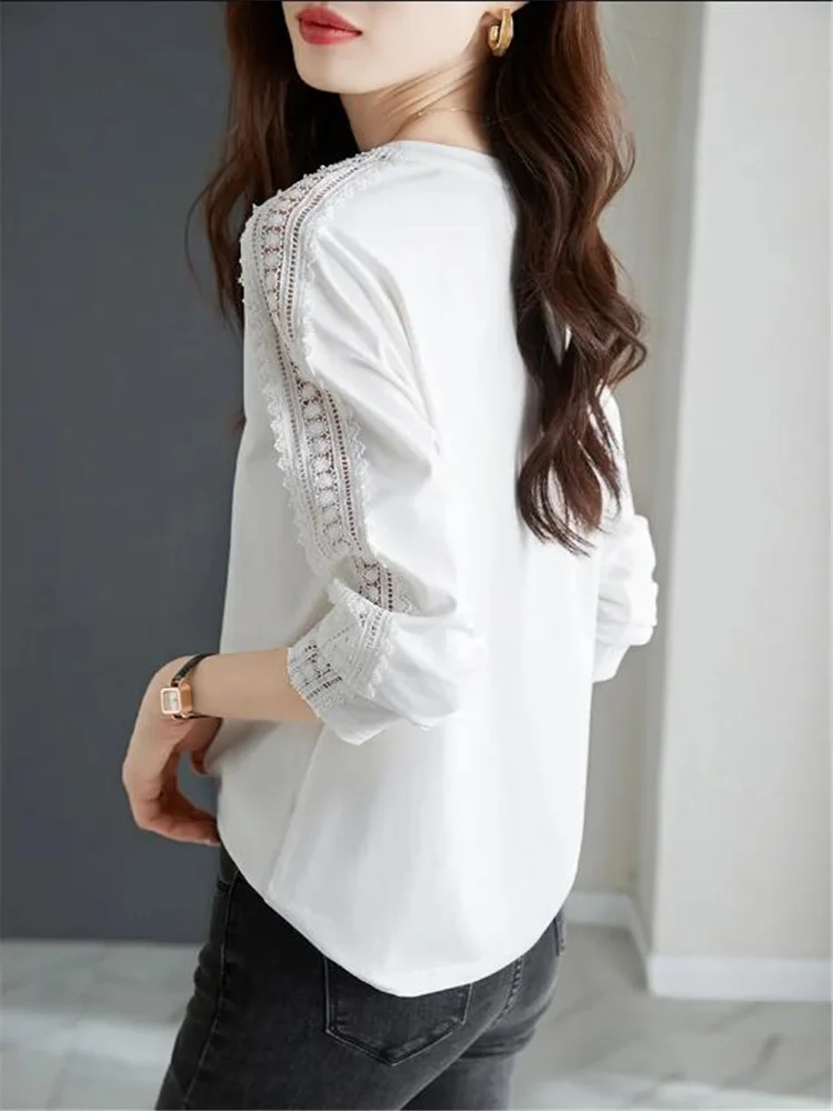 Cotton T-shirt Lace Top For Women Spliced Hollow Out Female Tshirts Simplicity White Blous Oneck Long Sleeve OL Lady Tees Tops