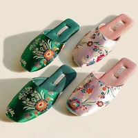 Elegant Satin Embroidered Flower House Slippers Woman Autumn New Warm Cotton Slippers Casual Comfort Soft Sole Silk Flat Slipper - Image 3