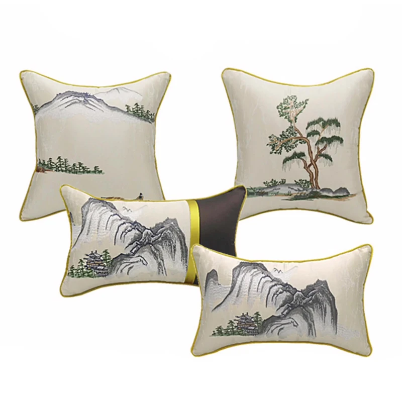 Diphylleia New Chinese Style Collection Cushion Covers Landscape Embroidered Throw Pillow Case For Hotel Living Room Sofa Couch