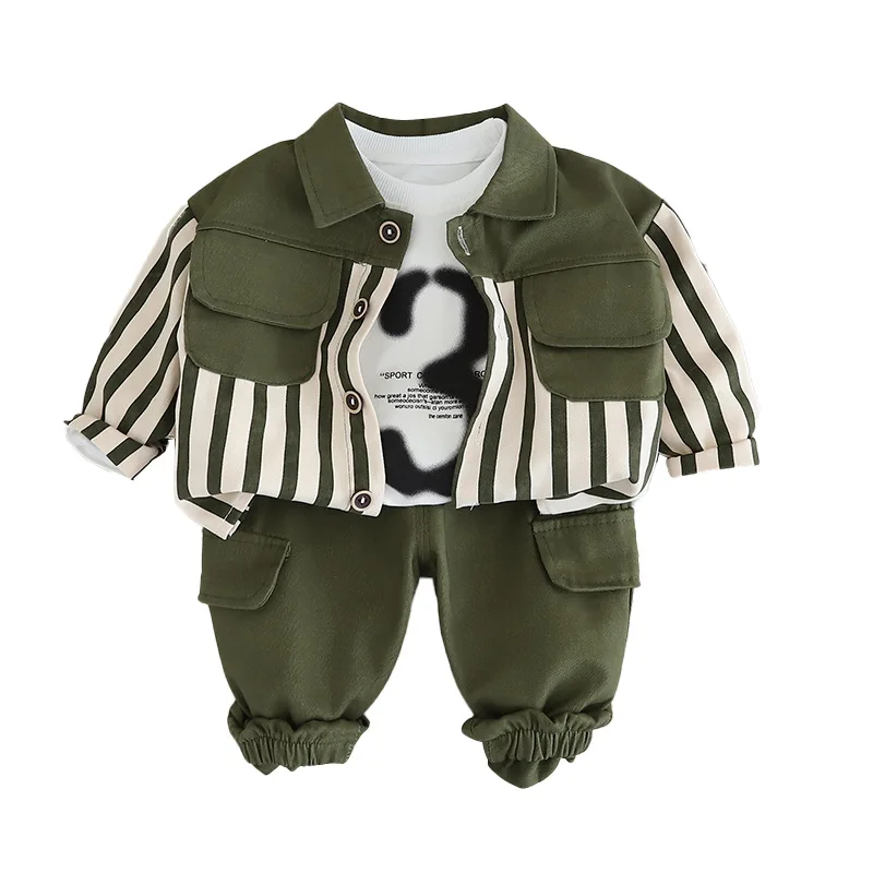 Autumn 2024 Toddler Boys 3PCS Clothes Set Cotton Printed Tops Striped Spliced Shirts Solid Loose Pants Suit Kids Boys Outfits