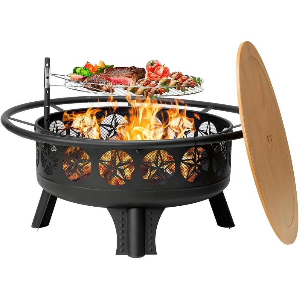 

38” Wood Burning Fire Pits for Outside,3-in-1 Fire Pit with Grill, Spark Screen & Fire Poker,Outdoor Firepit Table with Swivel C