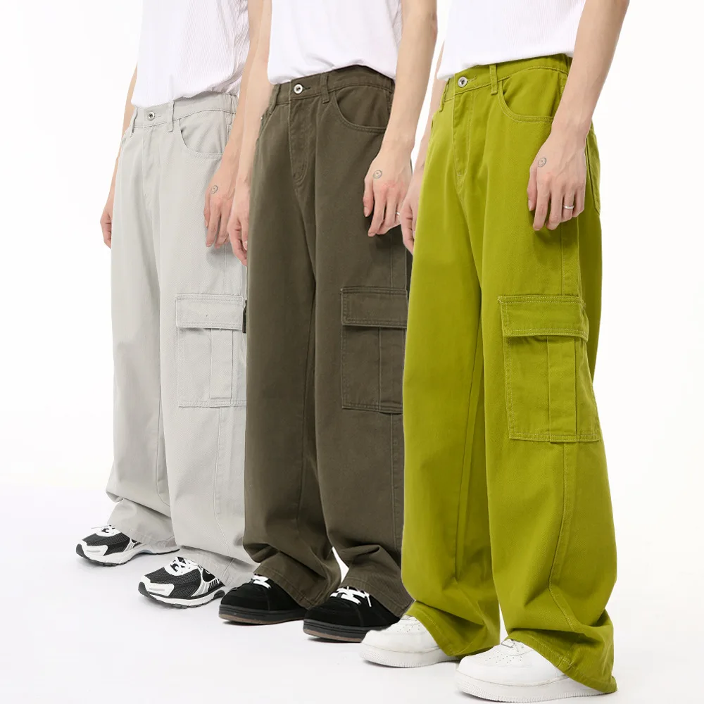 

Cargo Men Jeans Spliced Mid Waist Jean Loose Fit Flat Full Length Denim Pants Zipper Fly Solid Pockets Sports Spring Casual