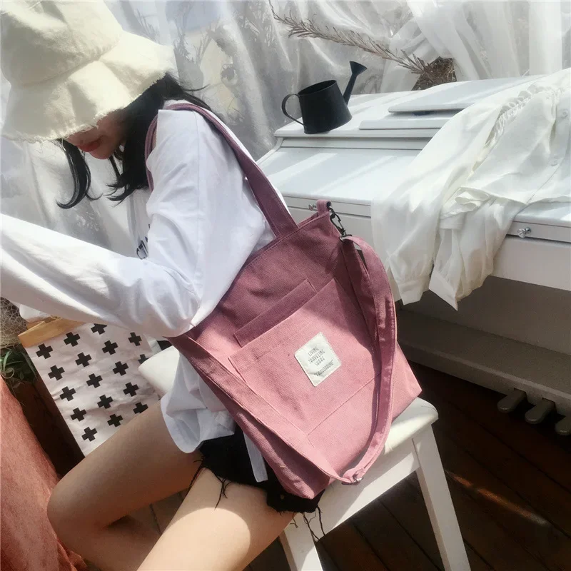 Women Canvas Shoulder Bag Ladies Casual Corduroy Tote Soft Crossbody Bags Books Bag Striped Cloth Female Handbag Shopping Bags