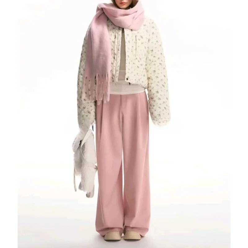 Autumn New Arrival Women's Thiened Long Sve Print Cotton Jaet Stand Collar Loose Warm Coat Commute Sle Single Button