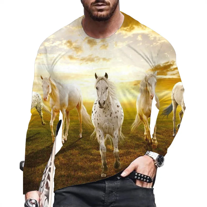 Animal Horse 3d Printing Men\'s Long Sleeve T-Shirt Fashion Street Trend O Collar Loose Comfortable Clothing Casual Quality Top