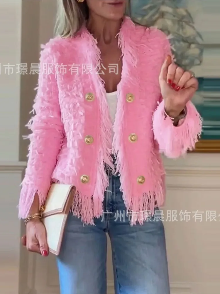 Elegant Long-sleeved V-neck Cardigan Jacket For Women Fashion Spring Autumn Solid Color Button Niche Tassel Design Coat Female