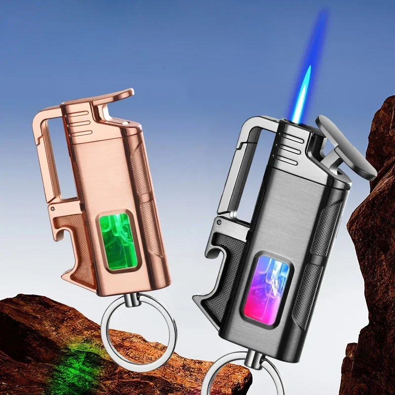 

Outdoor Bottle Opener LED Transparent Window Cigar Lighters Metal Multi functional Keychain Windproof Jet Blue Flame Gas Lighter
