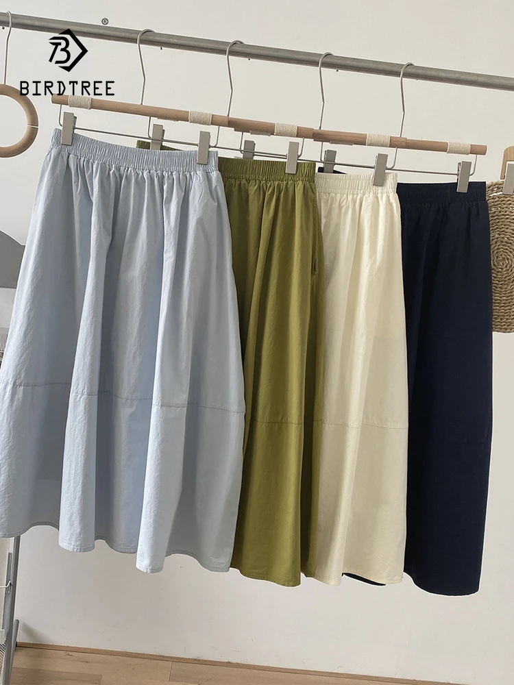 

New 2025 Summer Cotton Skirt, Women Elastic High Waist Solid, Mori Girl Sweet Japan Style Commute Loose A-line Skirt B56992CC