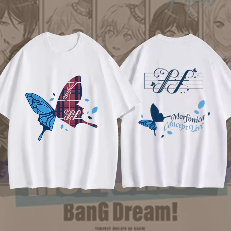 BanG Dream! Morfonica Butterfly Print White T-Shirt- Double-Sided Design Anime-Inspired Casual Tee Loose Fit Short-Sleeve Top