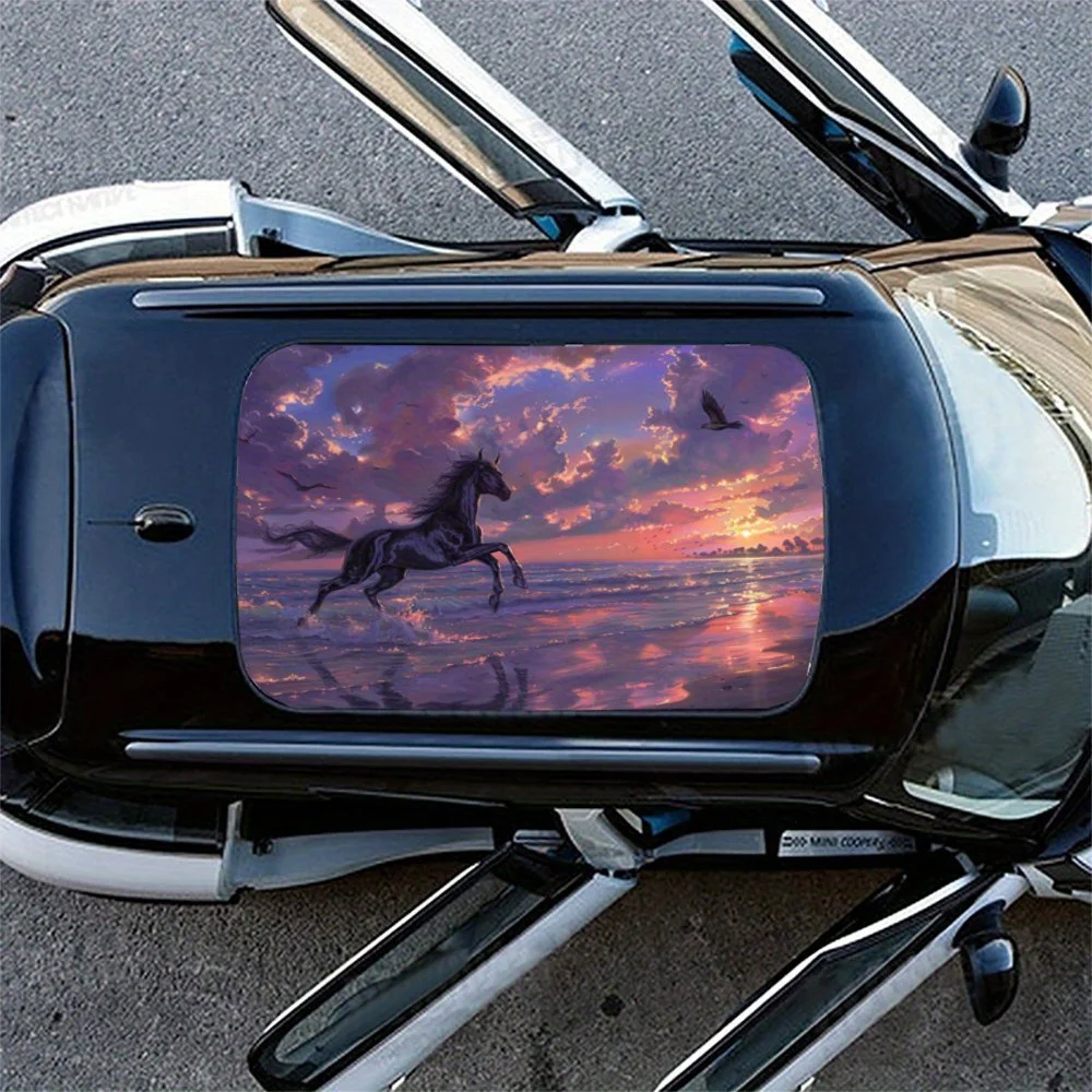 صورة ظلية للحصان الحالم: رسومات ركوبية مروحة مجانية بين أمواج البحر وأغطية فينيل السيارة المتوهجة المسائية، سيارة فينيل #4