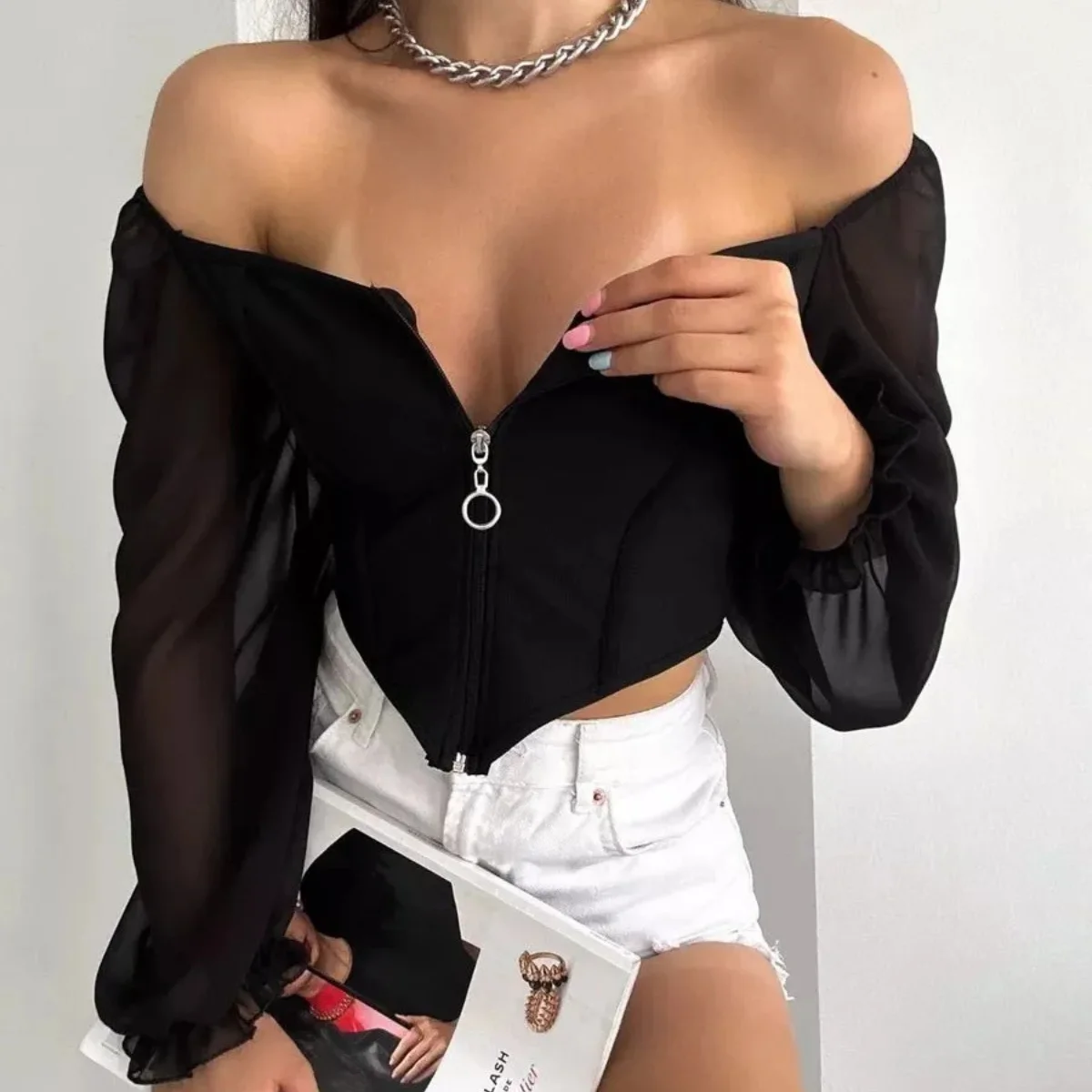 

Square Collar Chiffon Tops Women Solid Color Lantern Sleeve Cardigan Zipper Go Out Wear Fit Camisole Sexy Vest Fashion Clubwear