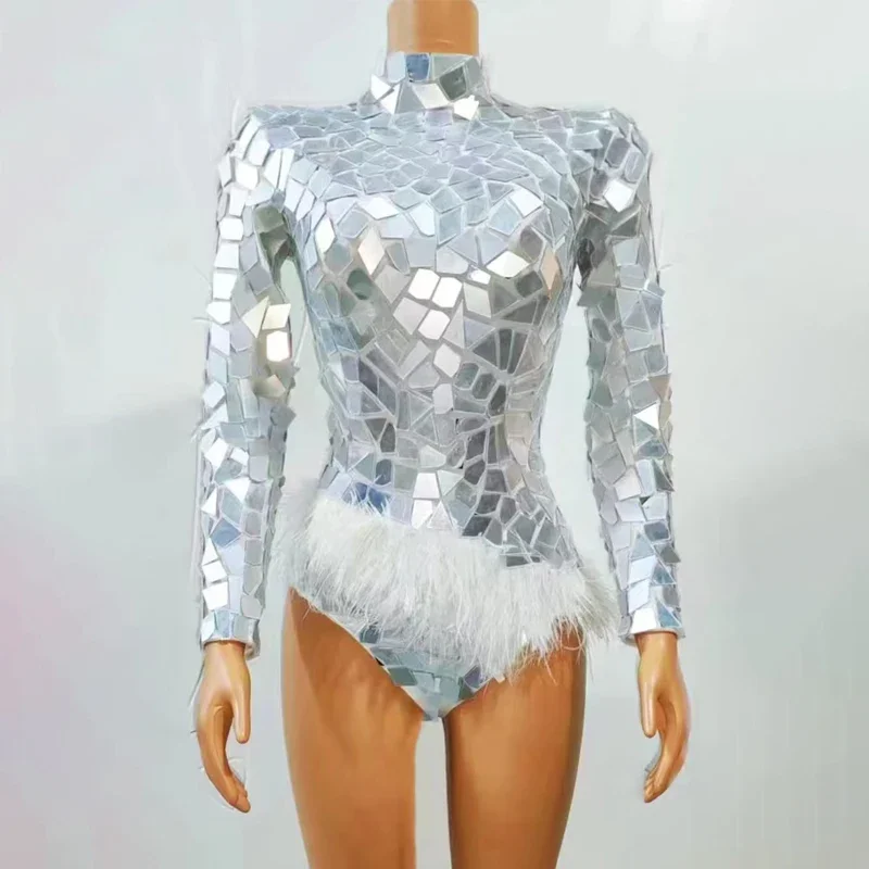 Body de plumas con espejo plateado para mujer, ropa Sexy de baile en barra, disfraces de bailarina Gogo, club nocturno, Ds, Dj, traje Rave para escenario