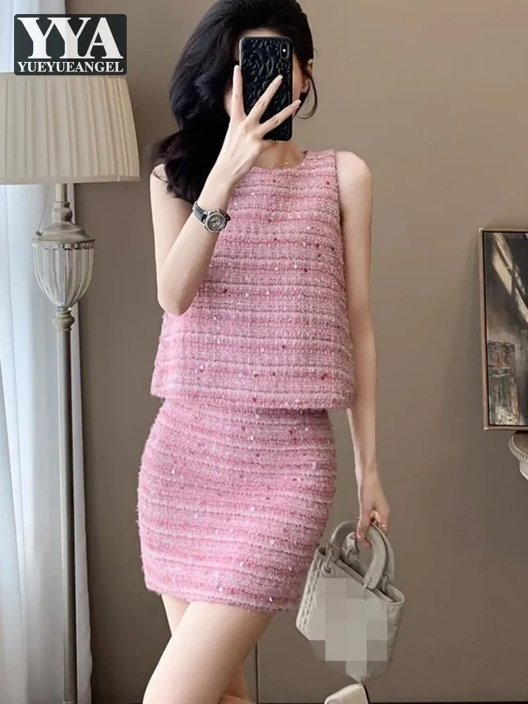 

Office Ladies Summer Fashion Sleeveless Tweed Striped Vest High Waist Skirt Two Piece Set Elegant Women Matching Set Outfit New