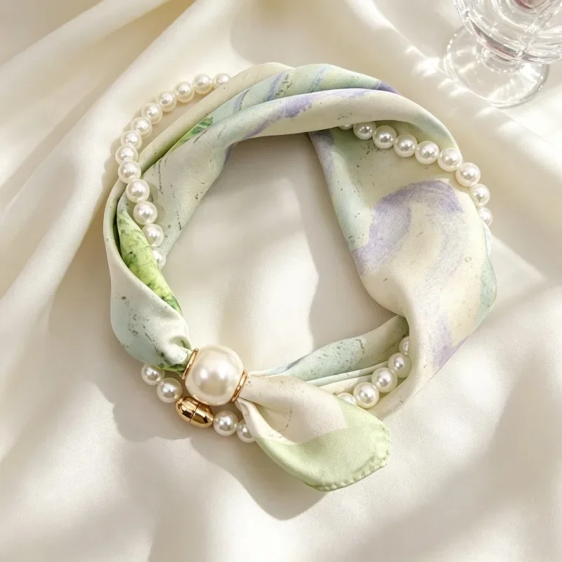 Pearl Magnetic Buckle Small Square Scarf for Women Necklace Sun Protection Holiday Wearing Ornaments