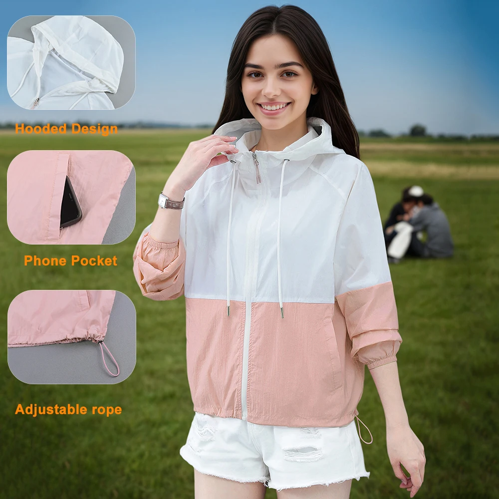 

Women's Lightweight Athletic Jacket Full Zipper Long Sleeve Sun Protection Hiking Hooded Jackets Outdoor Sunscreen Clothing