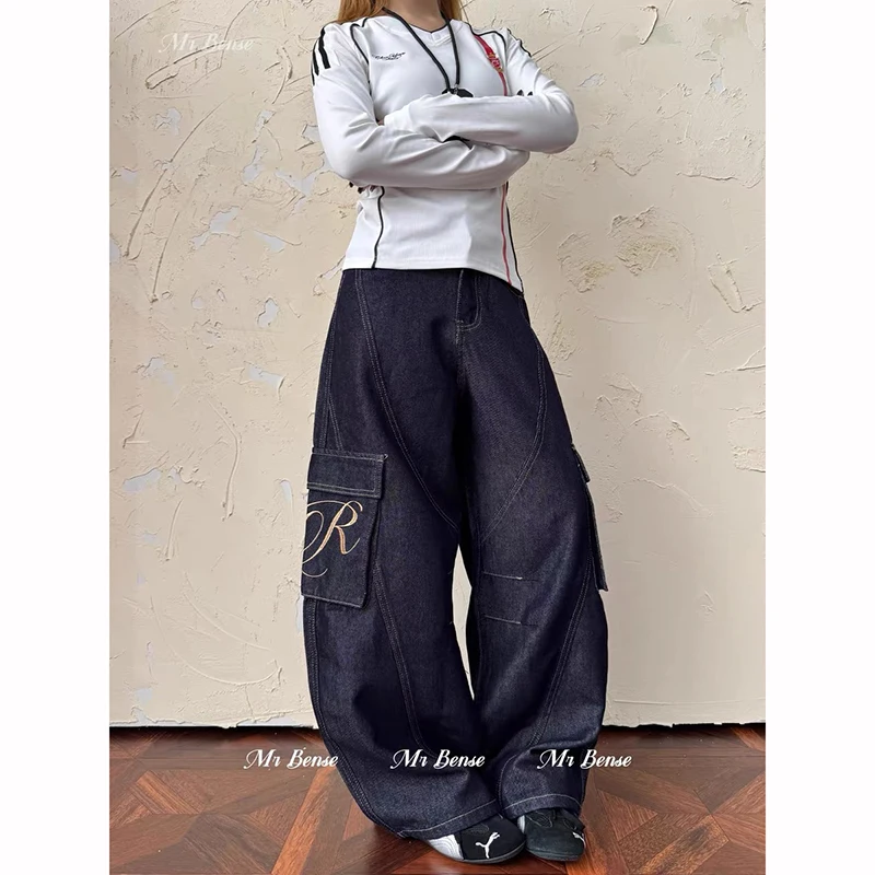 ZHIZOU 女性ブルー Y2k ジーンズだぶだぶ刺繍ジーンズパンツヴィンテージ原宿美的 2000 年代スタイルオーバーサイズデニムパンツ服